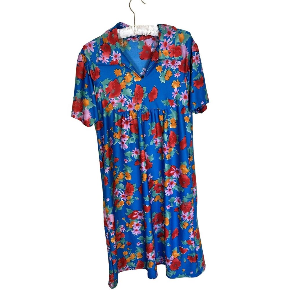 Vtg Womens Blue Floral MuMu Short Sleeve Shift Dress Pockets Multicolor  80s